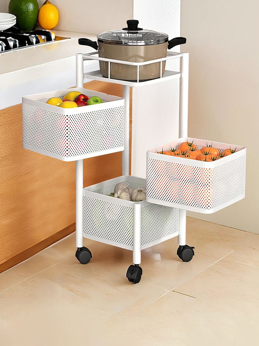 Kuber Industries White 2 Pieces  3-Tier Revolving Storage Rack with Wheels