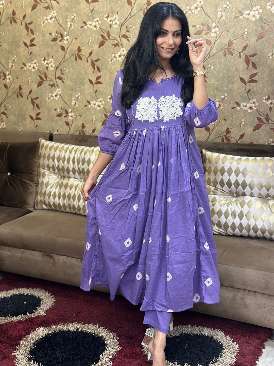 GoSriKi Bandhani Printed Thread Work Puffed Sleeves A-Line Kurta With Trousers
