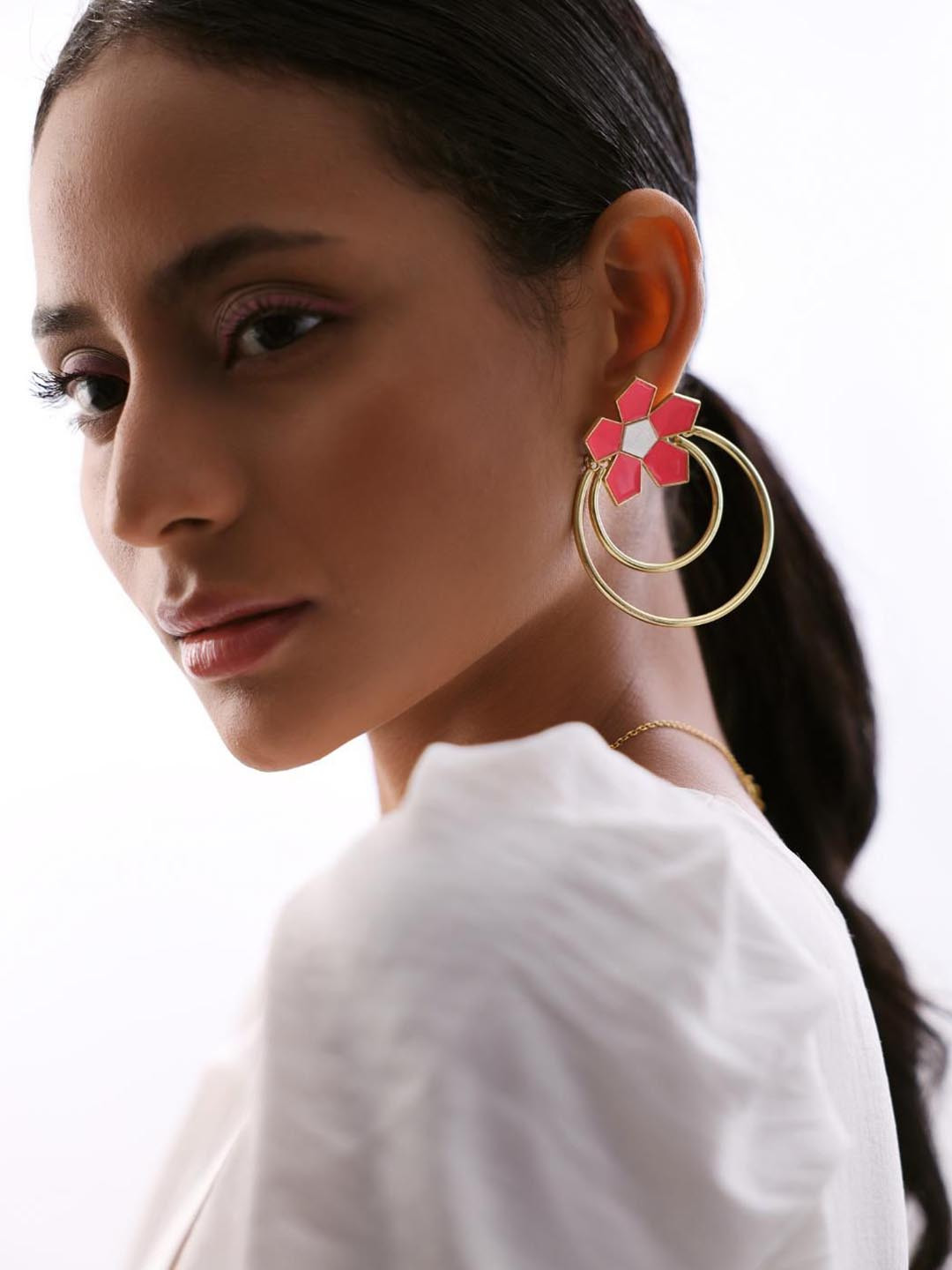 Varnika Arora Gold-Plated Enamelled Mother of Pearl Floral Drop Earrings