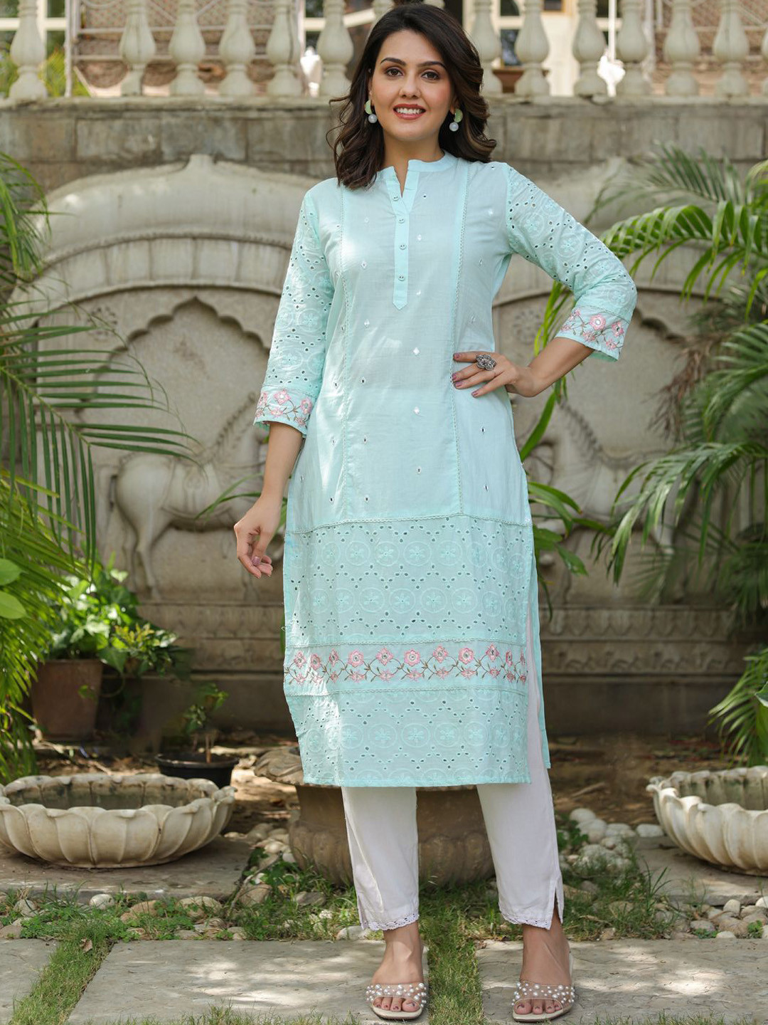 Readiprint Floral Embroidered Mandarin Collar Mirror Work Cotton Straight Kurta
