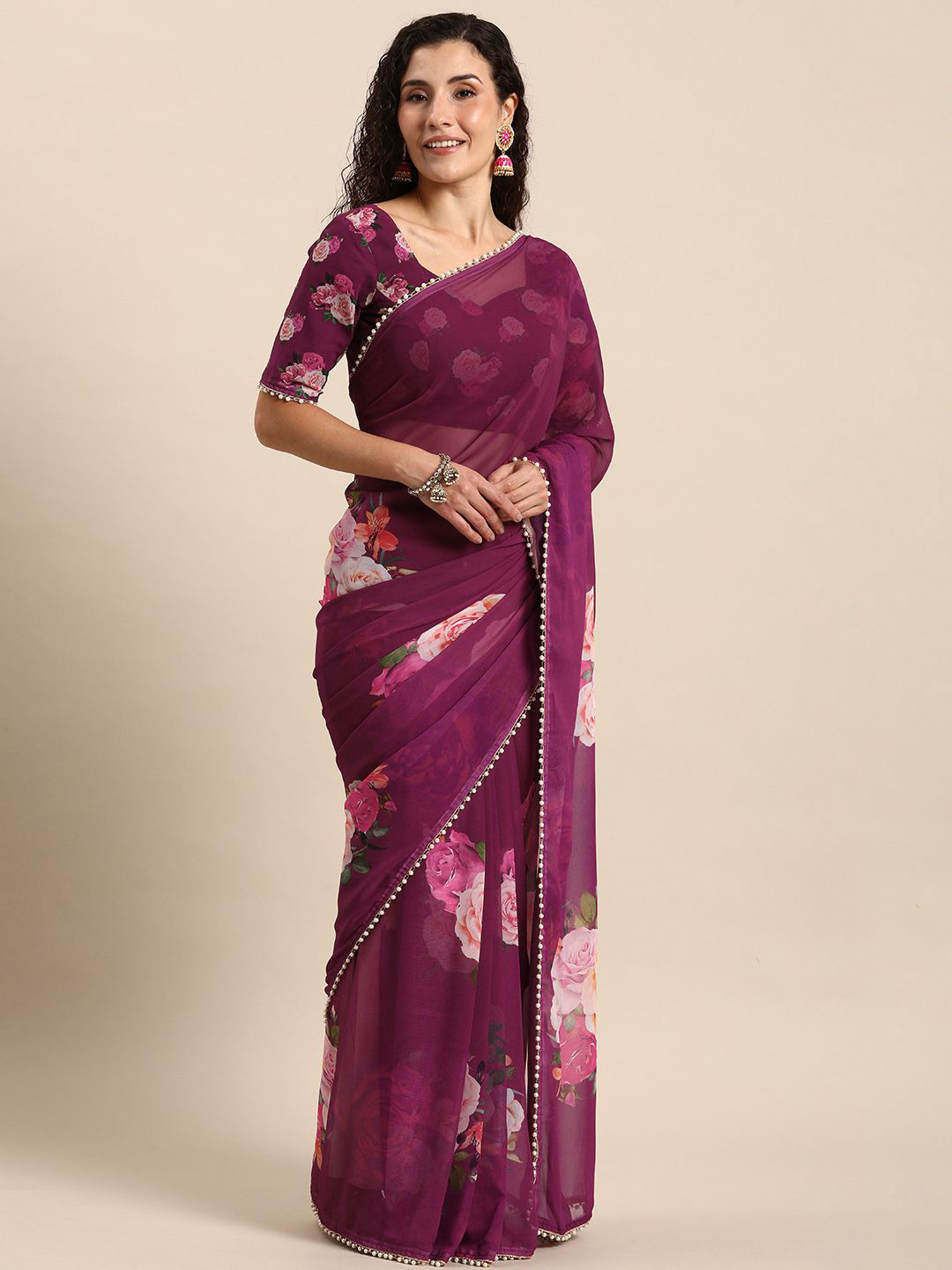 MADHAVPRIYA Floral Beads and Stones Poly Georgette Saree