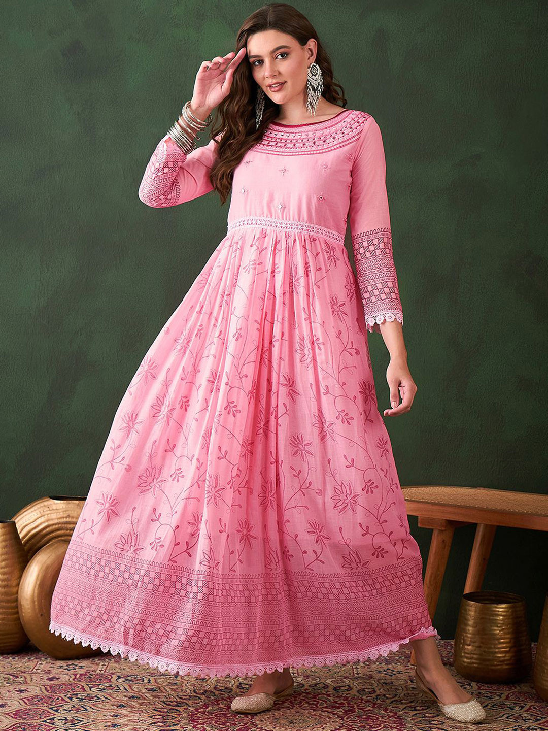 Sangria Women's Mirror Work A-Line Flared Maxi Ethnic Dress