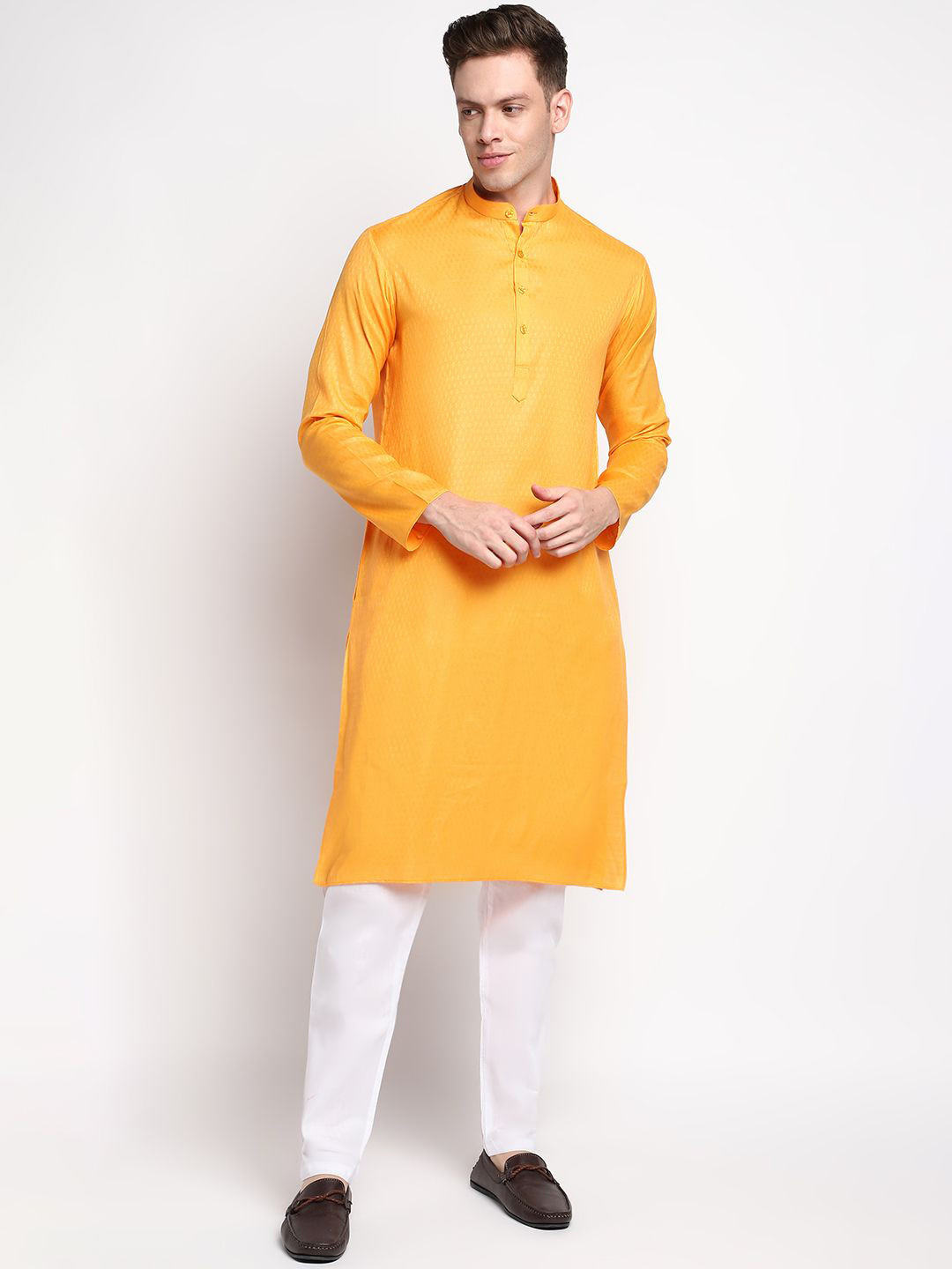 DEVOILER Woven Design Band Collar Cotton Straight Kurta