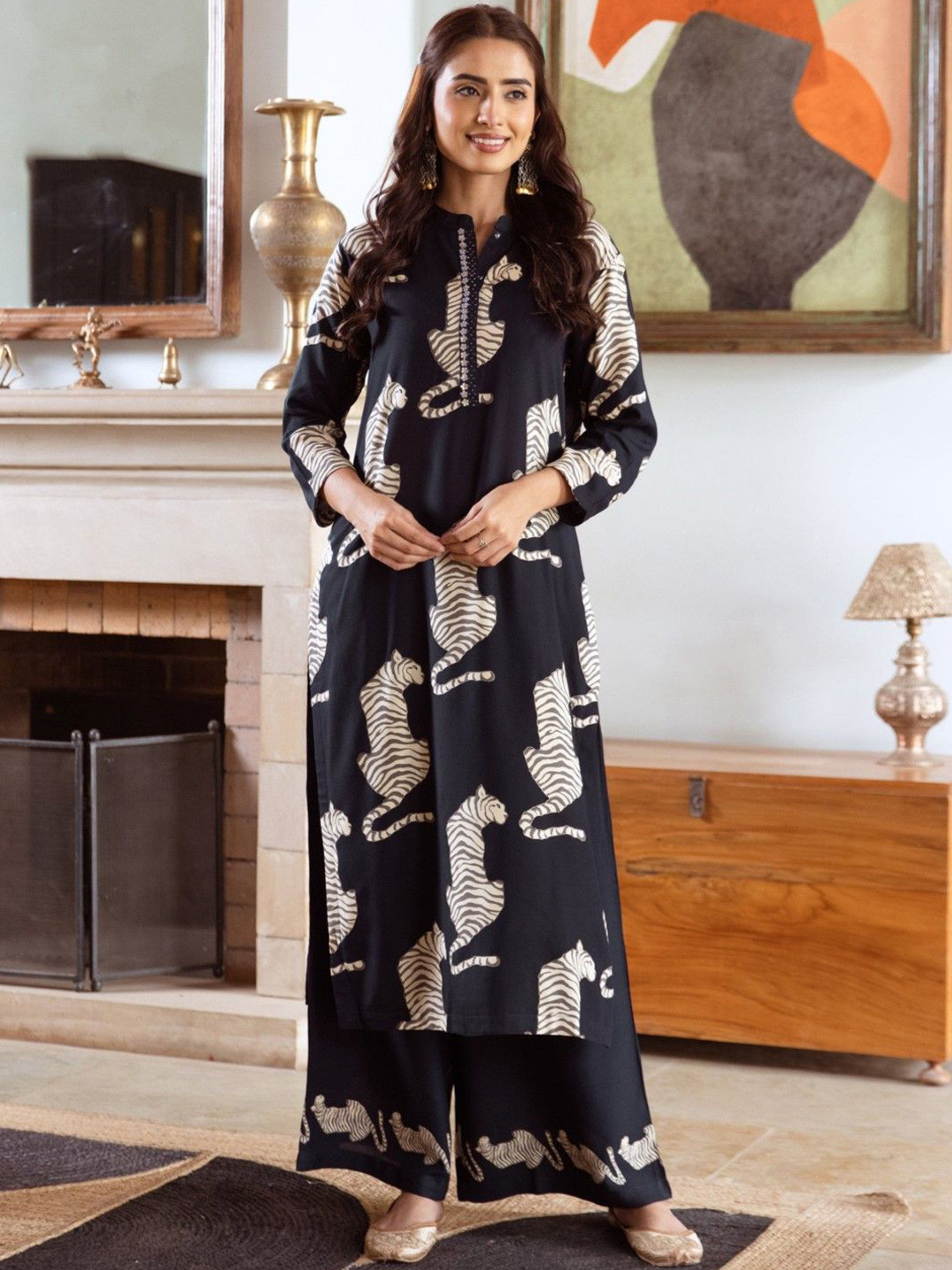 AUTUMN LANE Aruna Midnight Tiger Printed Regular Pure Cotton Kurta with Palazzos