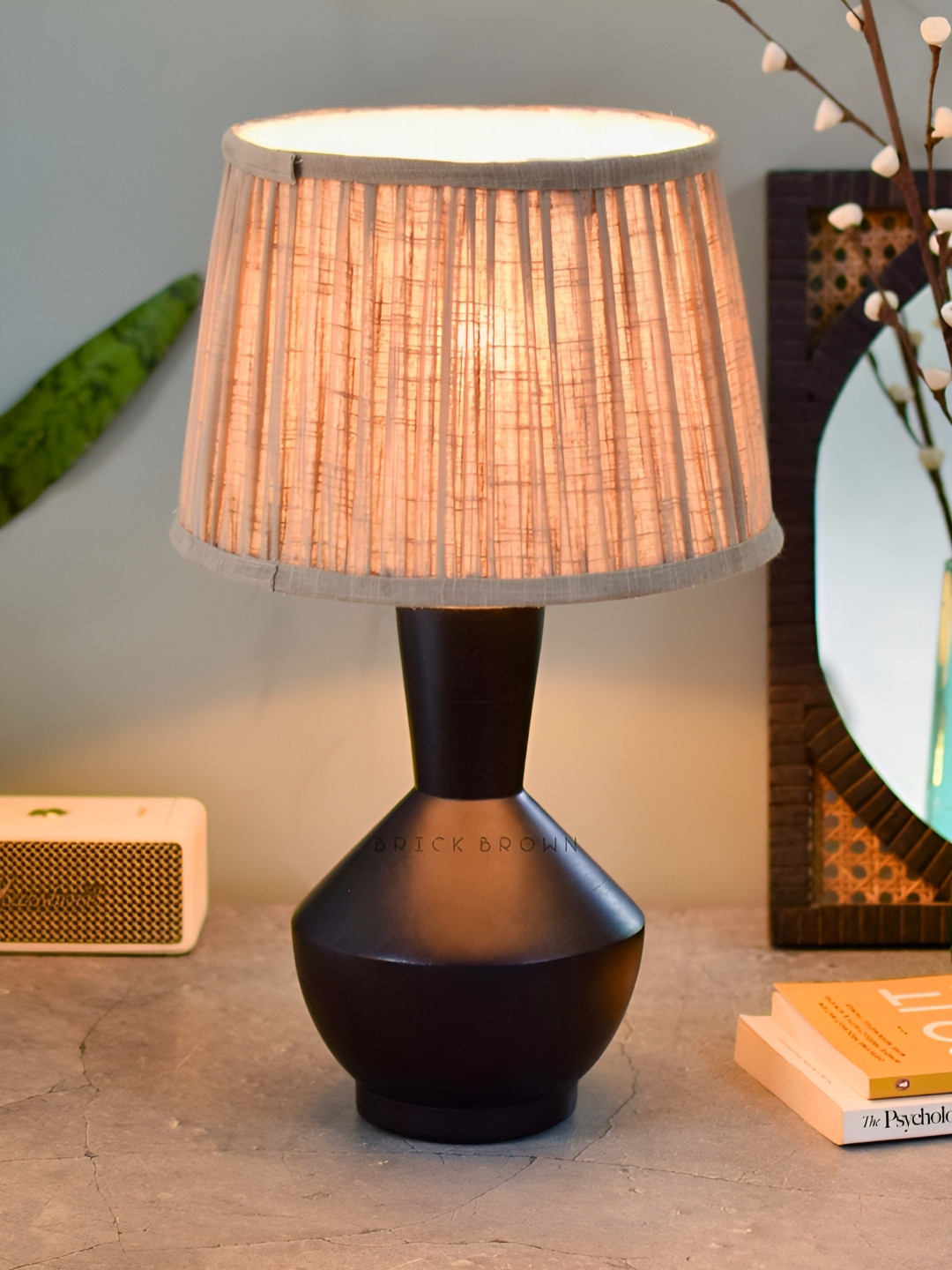 BRICK BROWN Black Textured Wood Contemporary Frusturical Shaped Table Lamp with Bulb