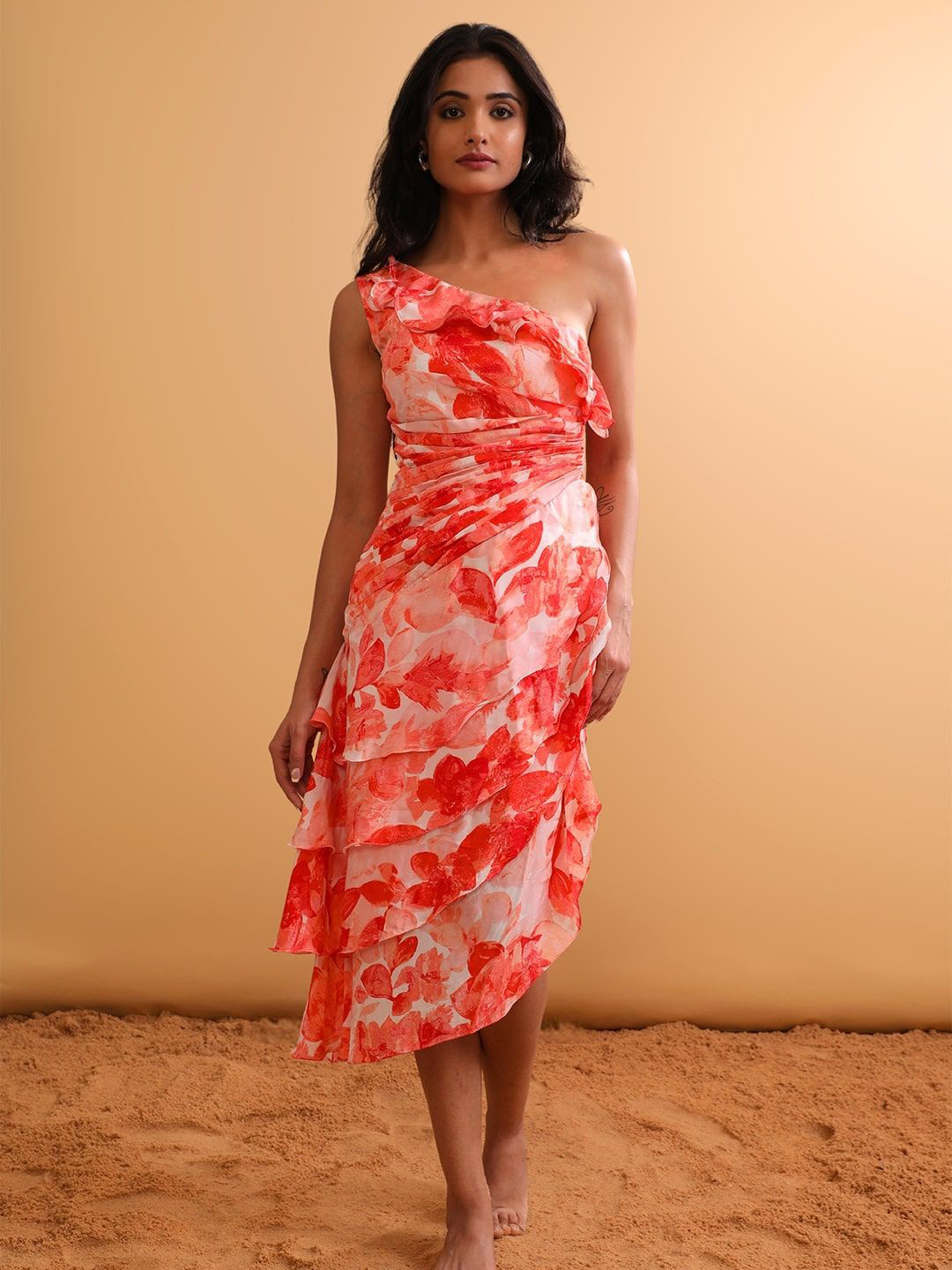 NH KAPDEWALA Women Floral Printed One Shoulder Ruffles Fit & Flare Dress