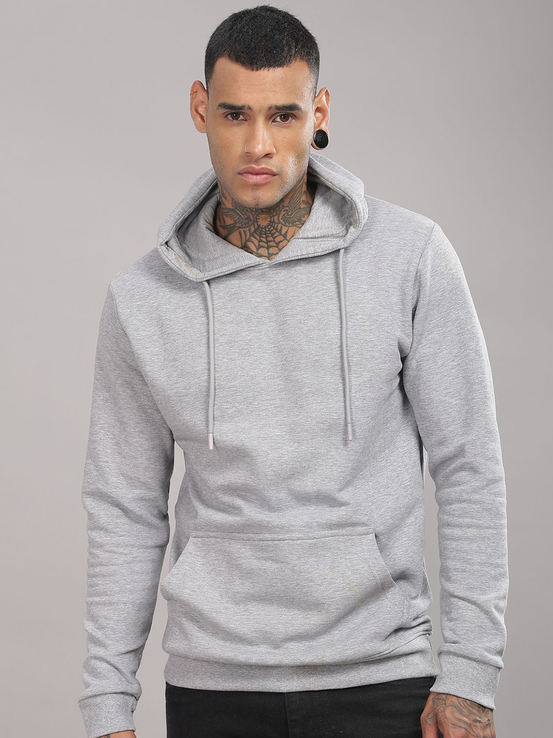 ADRO Men Grey Cotton Printed Hooded Neck Long Sleeves Pullover Sweatshirt
