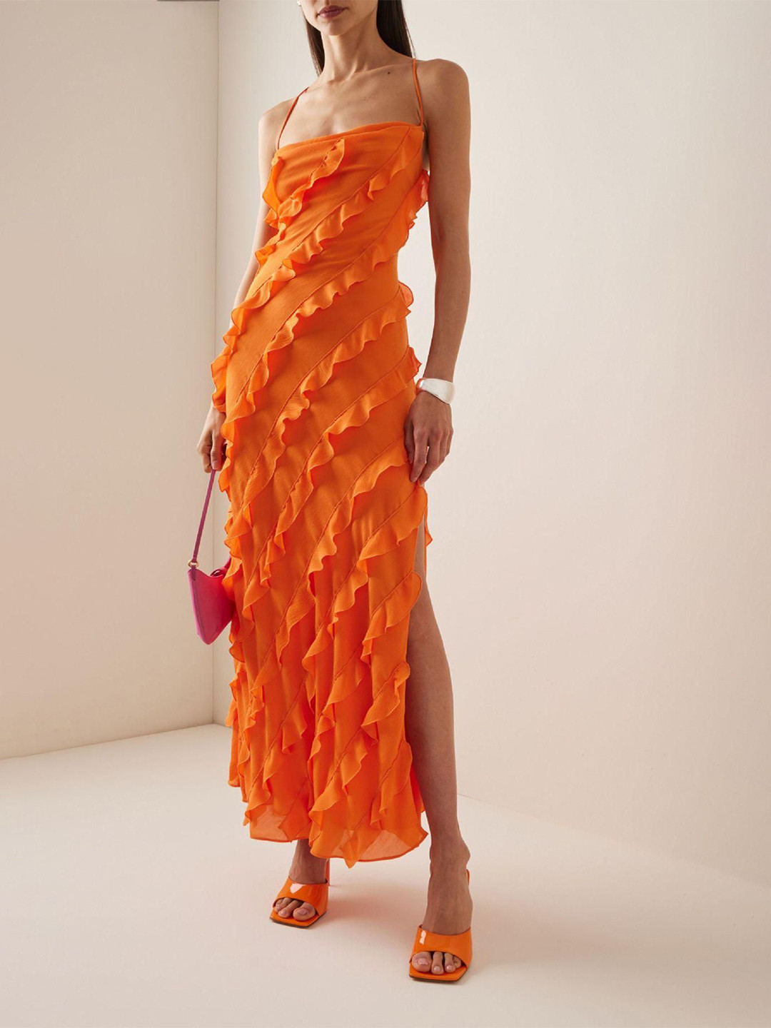 Tiered Ruffle Spaghetti Strap Slit Maxi Dress