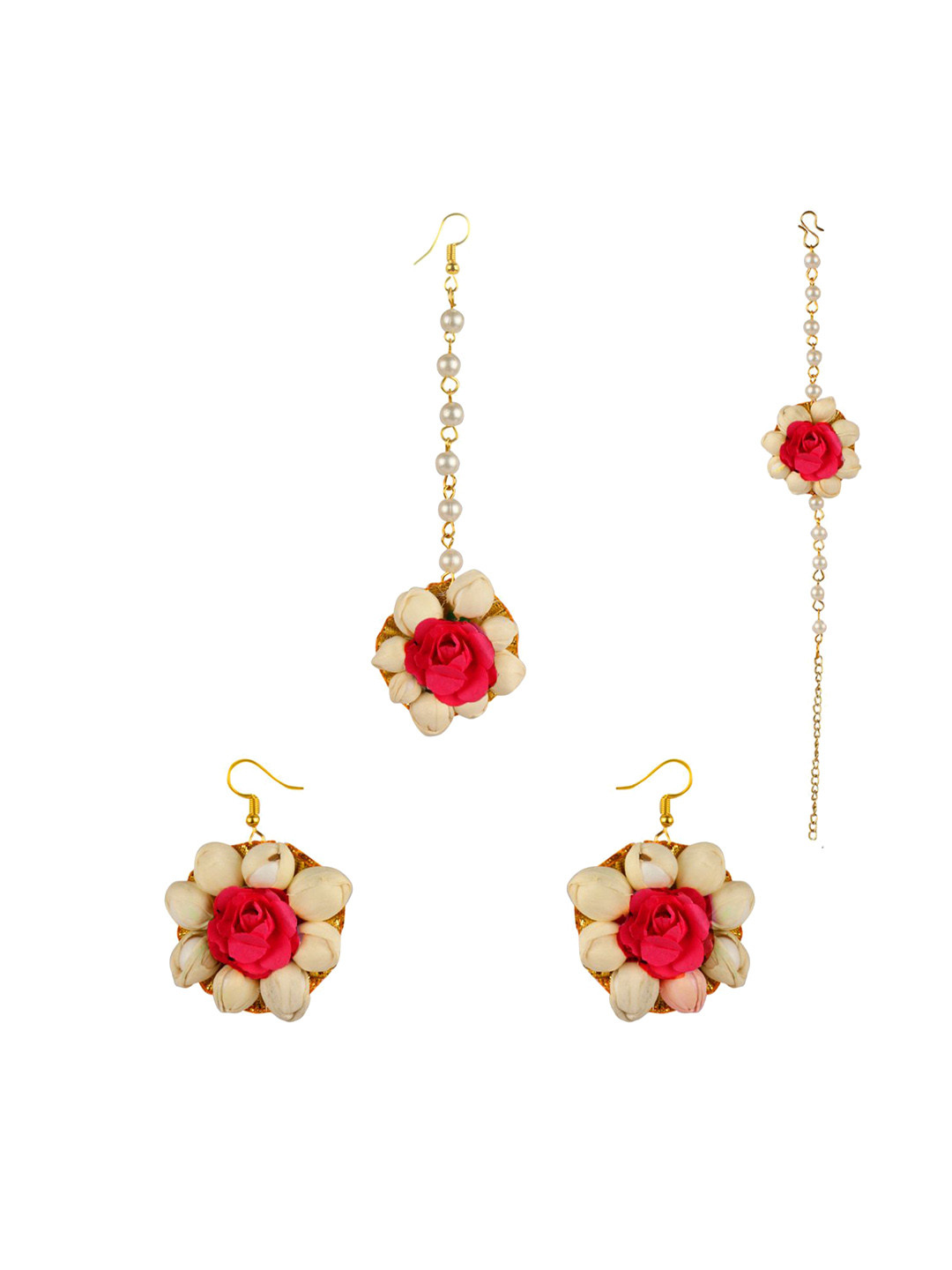 Daizy Beaded Floral Bracelet and Earrings With Maang Tika