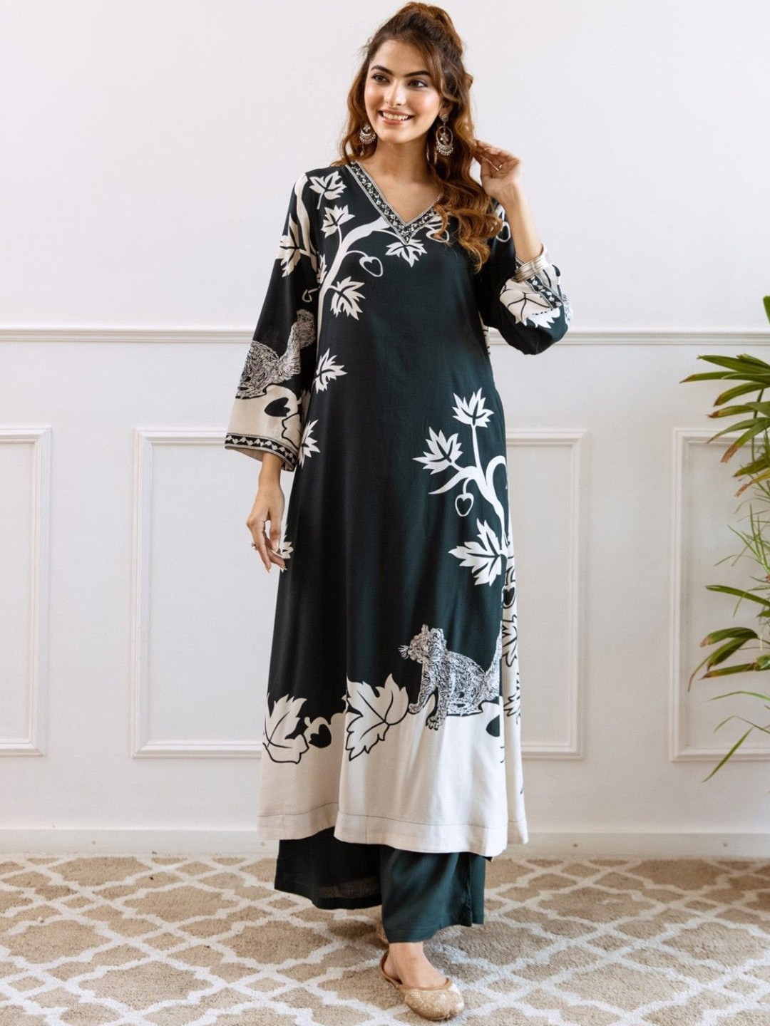 AUTUMN LANE Jagdeep Seaweed Floral Printed A-Line Pure Cotton Kurta with Palazzos