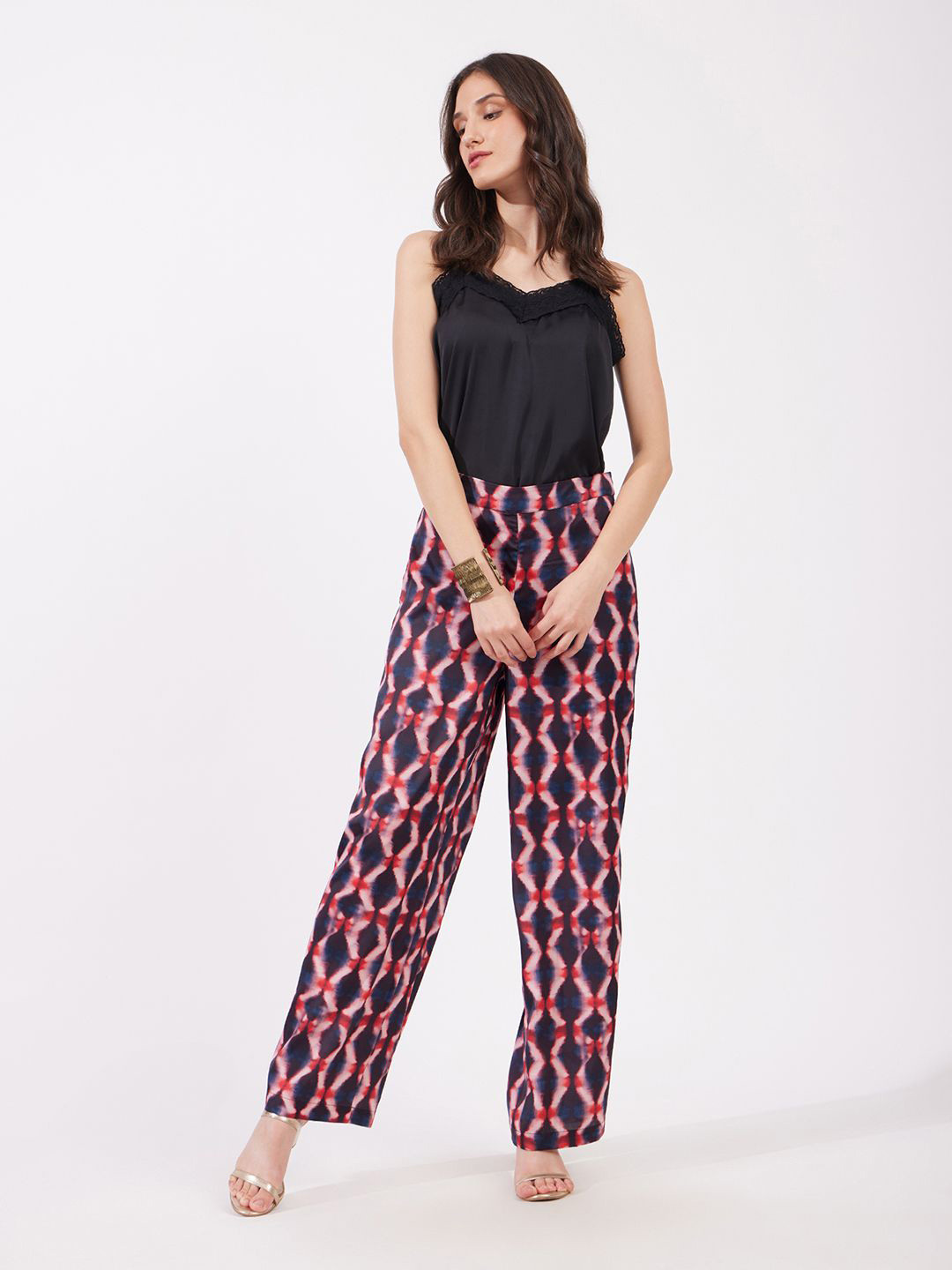 FableStreet Women Satin Geometric Print Tapered Fit Regular Trousers
