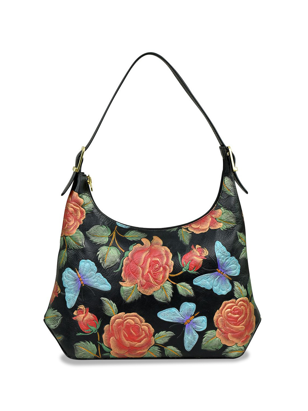 Anuschka Women Tooled Rose Black Multi Hand Painted Leather Slim Shoulder Hobo Bag