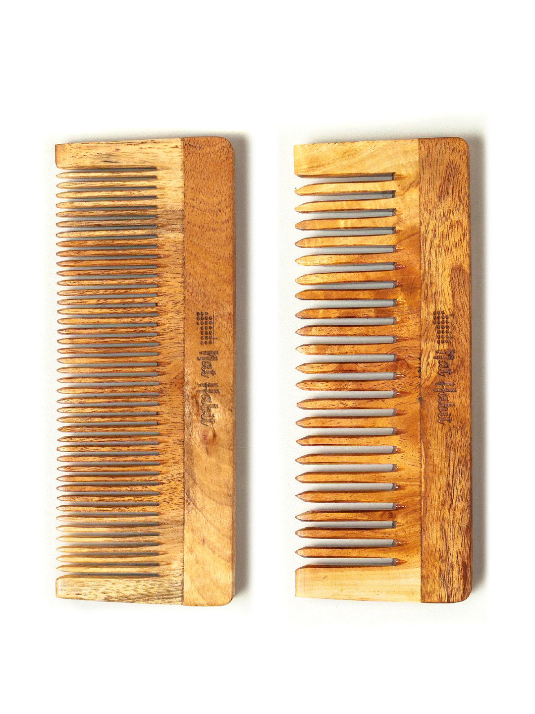 Nat Habit Set of 2 Oil Treated Kacchi Neem Comb - Large Size Wide Tooth & Fine Tooth