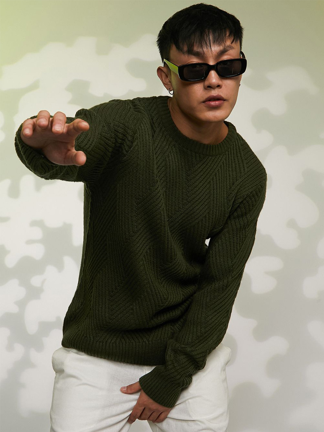 CAHOOT Men Green Round neck Long Sleeve Cable Knit Woollen Pullover Sweaters