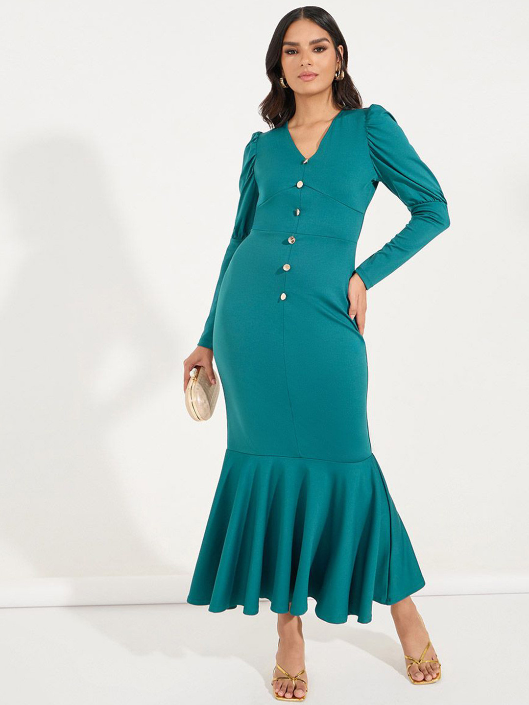 Styli Women Solid V-Neck Button Detail Maxi Dress