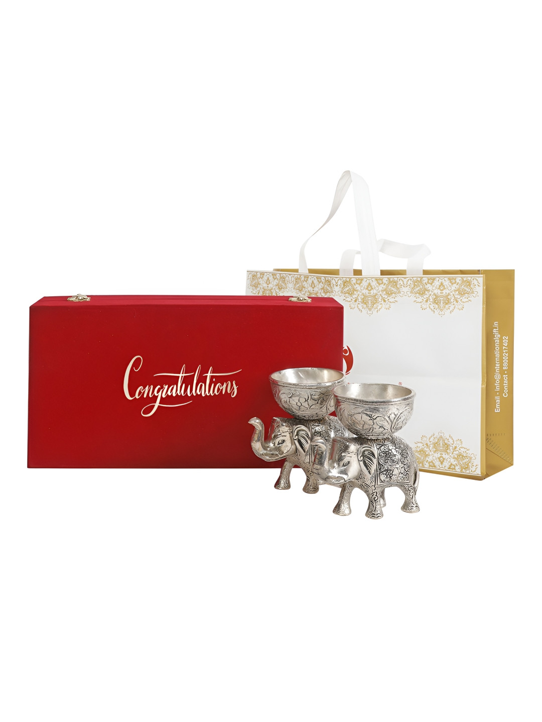 INTERNATIONAL GIFT Silver Toned Elephant Bowl with Velvet Box Home Gift Set