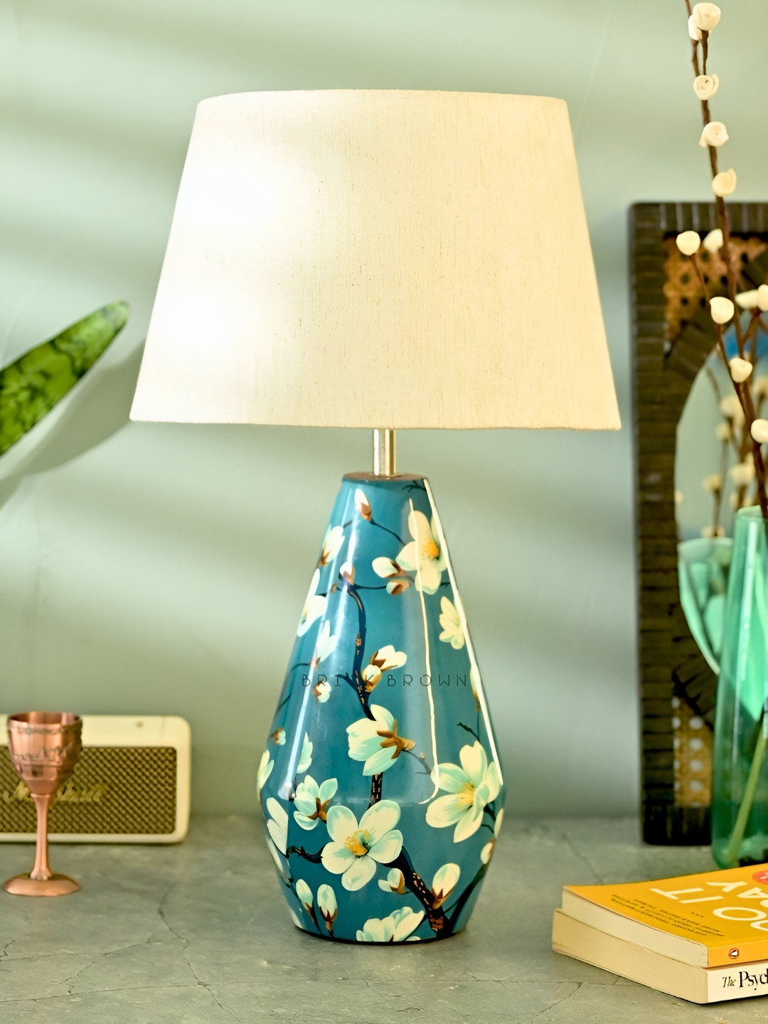 BRICK BROWN Blue & Yellow Printed Wood Contemporary FrusturicalShaped Table Lamp with Bulb