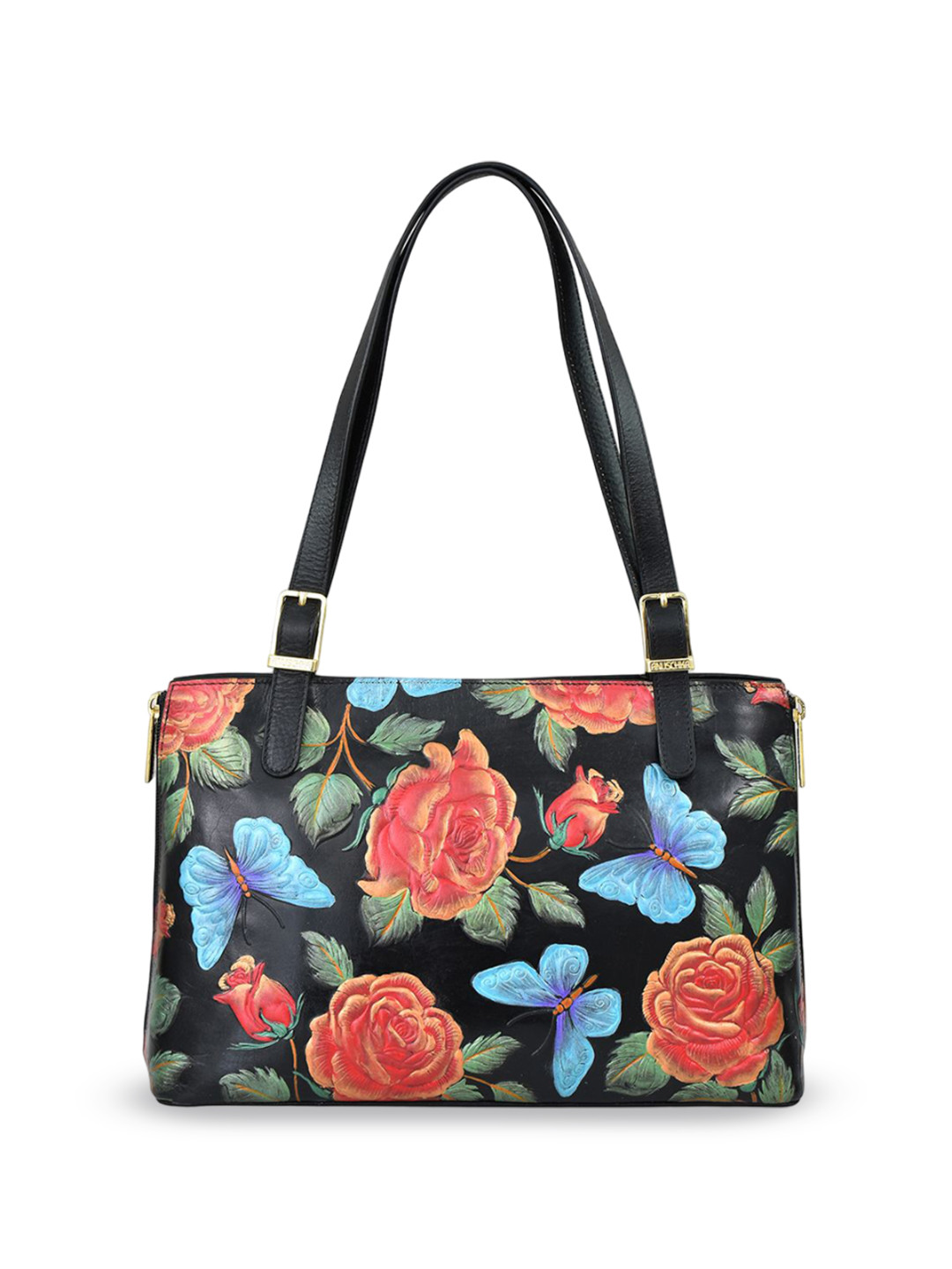 Anuschka Women Tooled Rose Black Multi Hand Painted Leather Shopper Tote Handbag