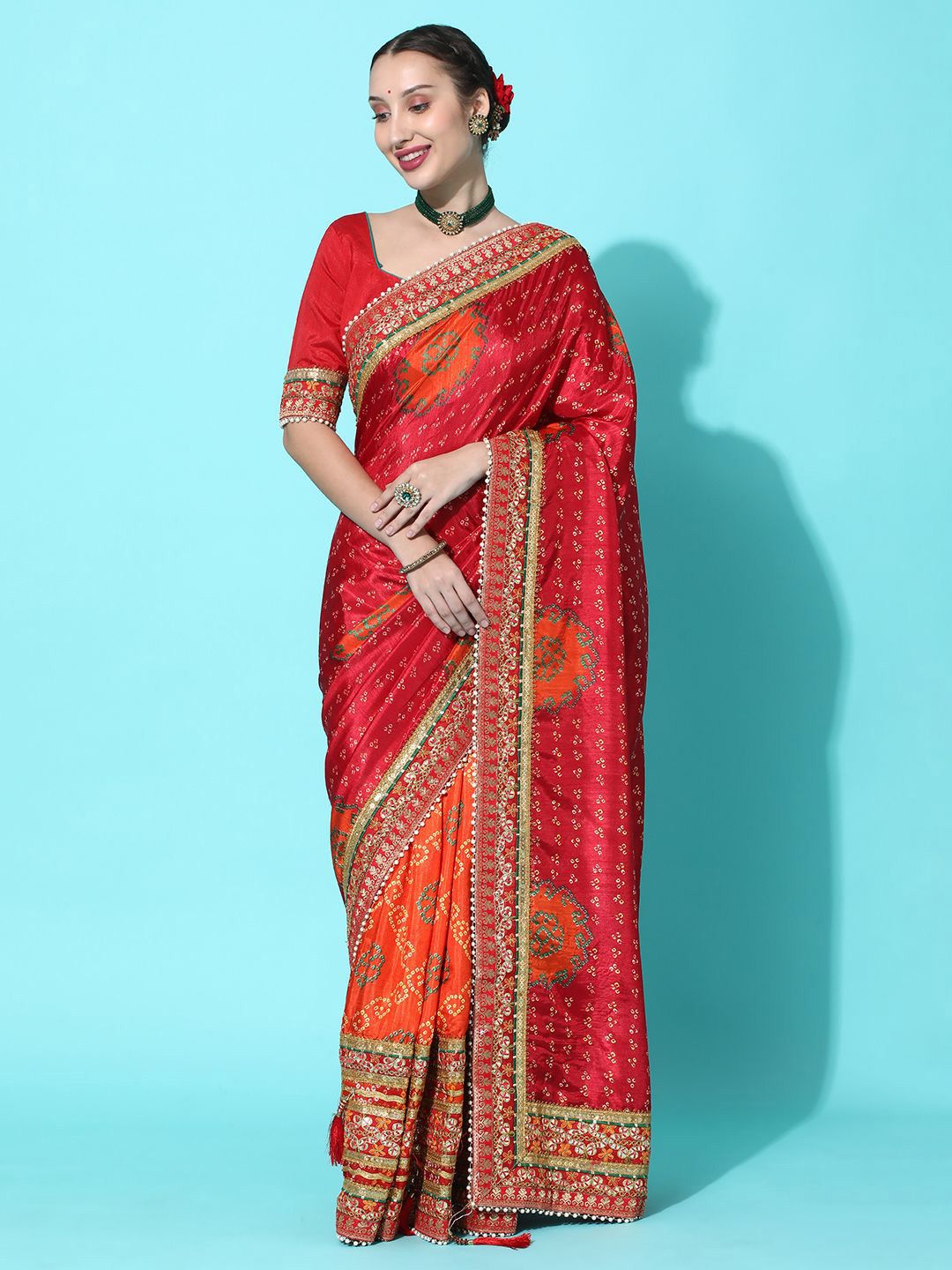 KALINI Bandhani Gotta Patti Silk Blend Half and Half Bandhani Saree
