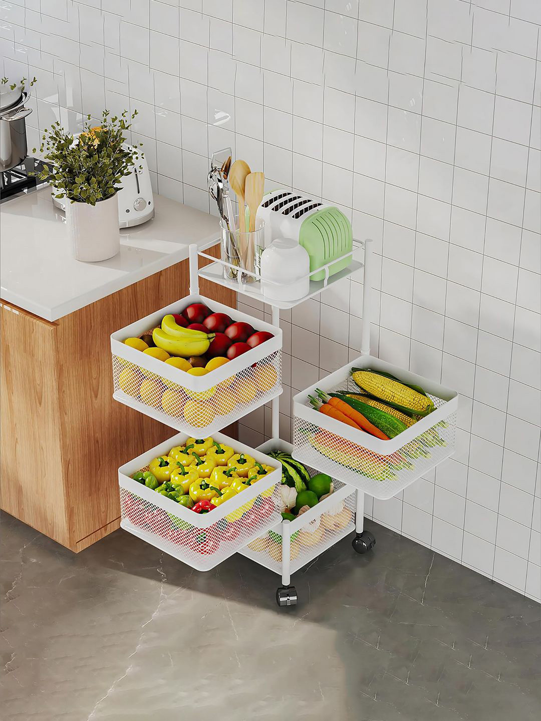 Kuber Industries White 4-Tier Revolving Multipurpose Storage Rack with Wheels