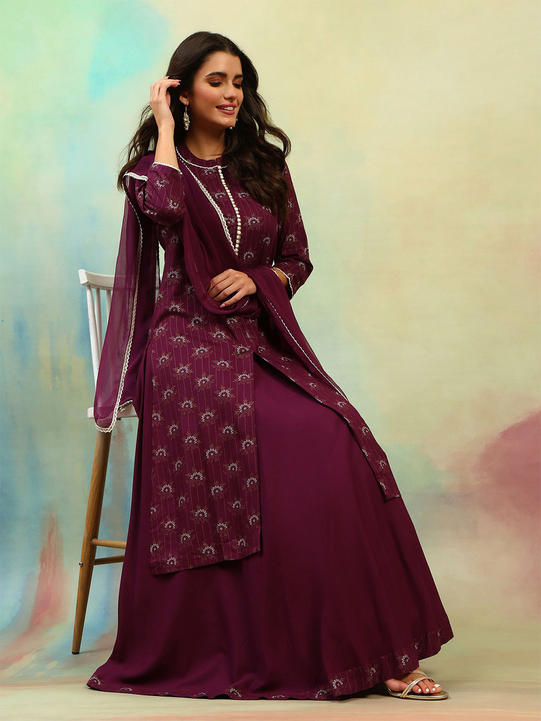 Khushal K Floral Printed Band Collar Straight Kurta & Skirt With Dupatta