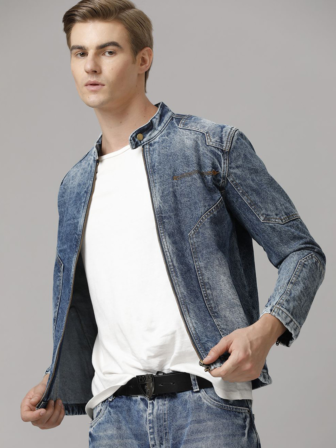 TEMPLE OF DENIM Men Mandarin Collar Asymmetric Closure Biker Jacket