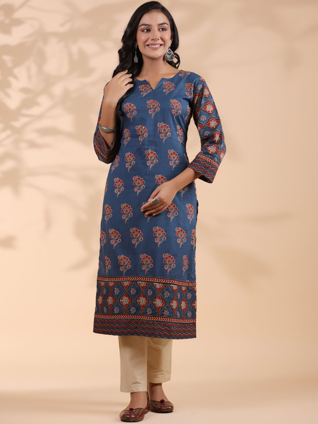 Vbuyz Floral Printed Notch Neck Sequinned Cotton Straight Kurta