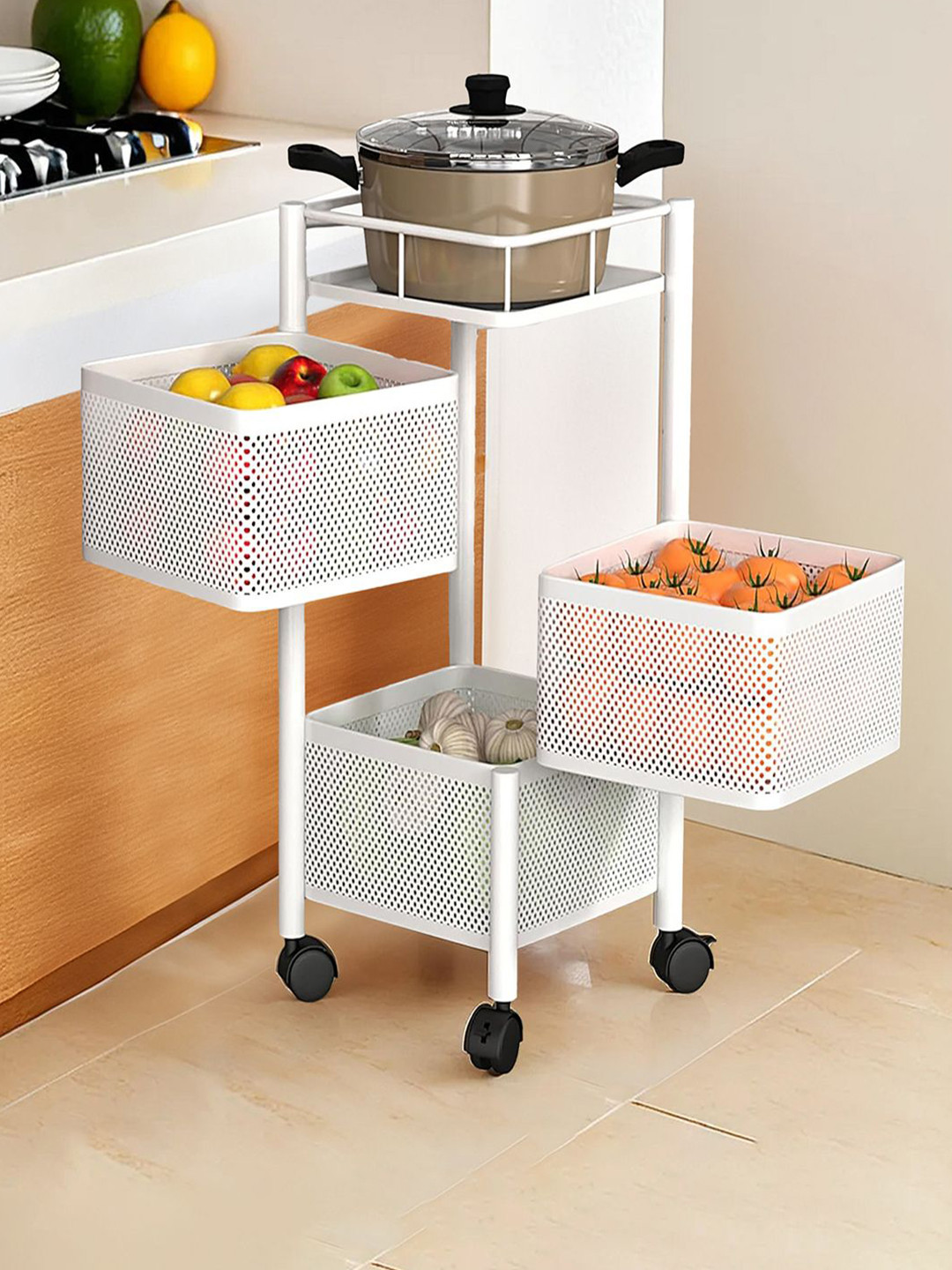 Kuber Industries White Textured 3-Tier Metal Dish Rack With Wheels