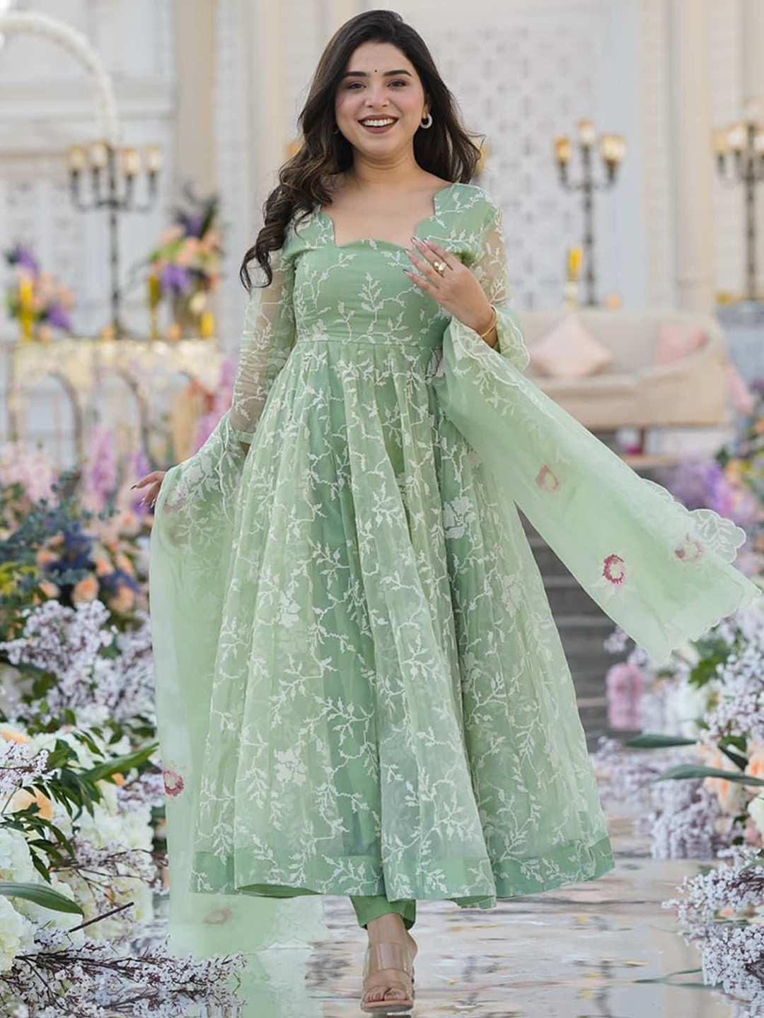 Vama Heritage Floral Embroidered Regular Thread Work Organza Kurta With Trousers & Dupatta