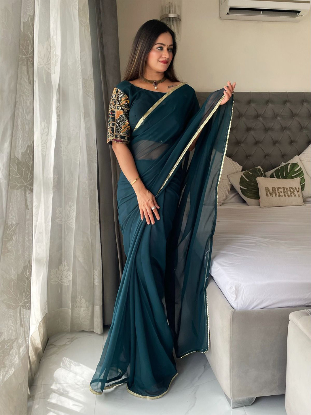 K 5 Fashion Sequinned Poly Georgette Saree