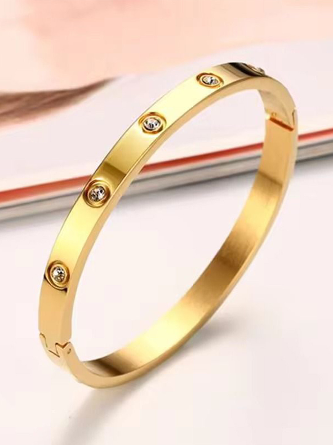 MEENAZ 18K Gold Plated Stainless Steel Cubic Zirconia Kada Bracelet