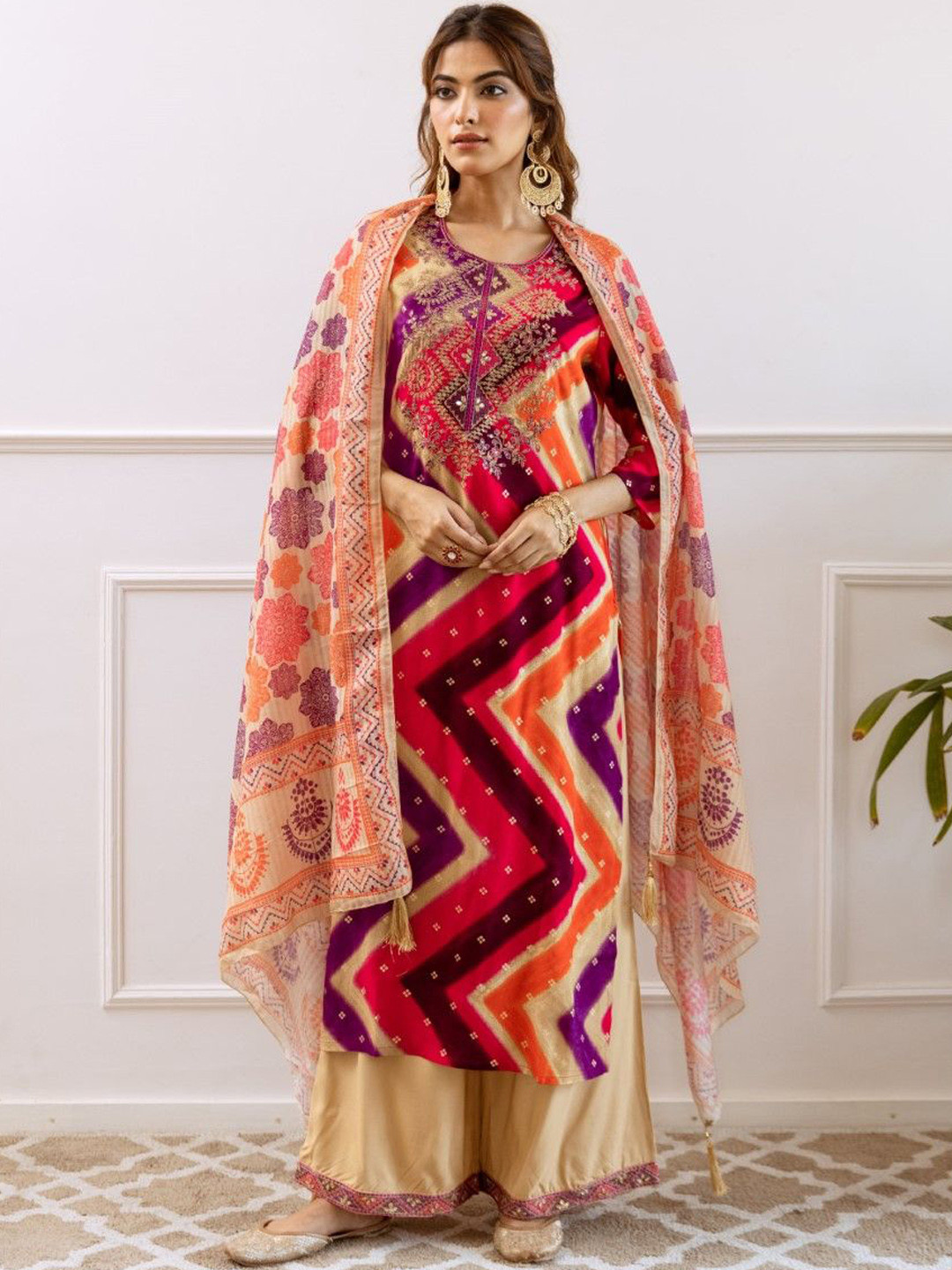 AUTUMN LANE Mani Merlot Printed Straight Cotton Silk Kurta with Palazzos & Dupatta