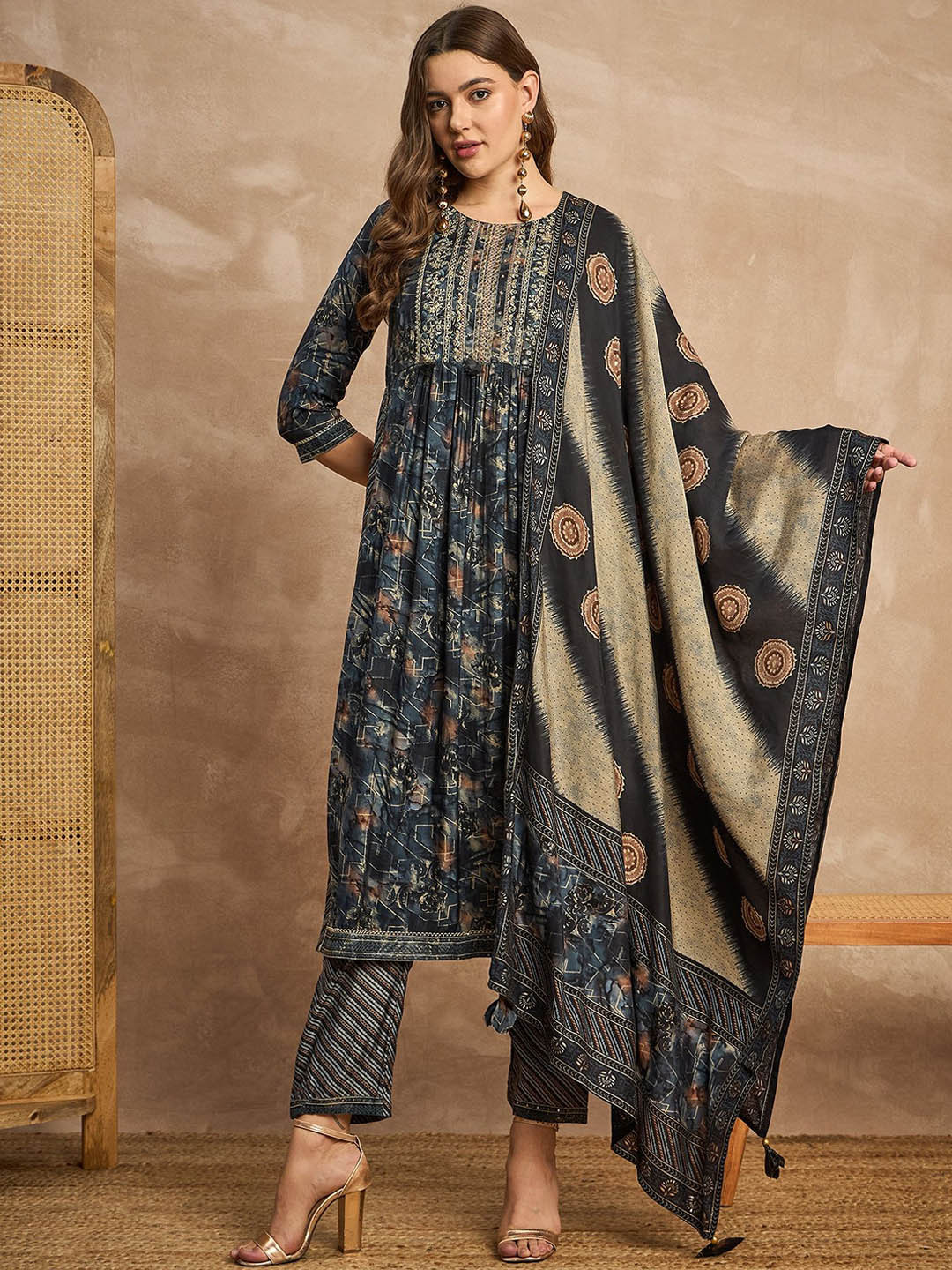 all about you Navy Blue & Gold Floral Printed A-Line Kurta with Trousers & Dupatta