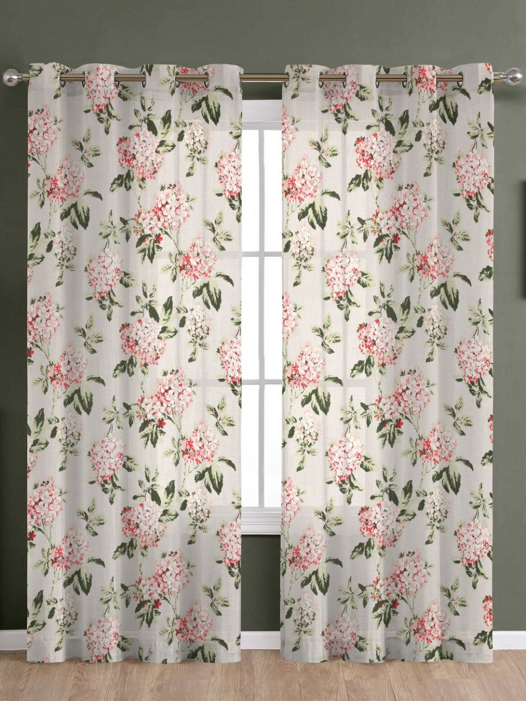THE LINEN COMPANY White & Pink 2 Pieces Floral Printed Sheer Window Curtains