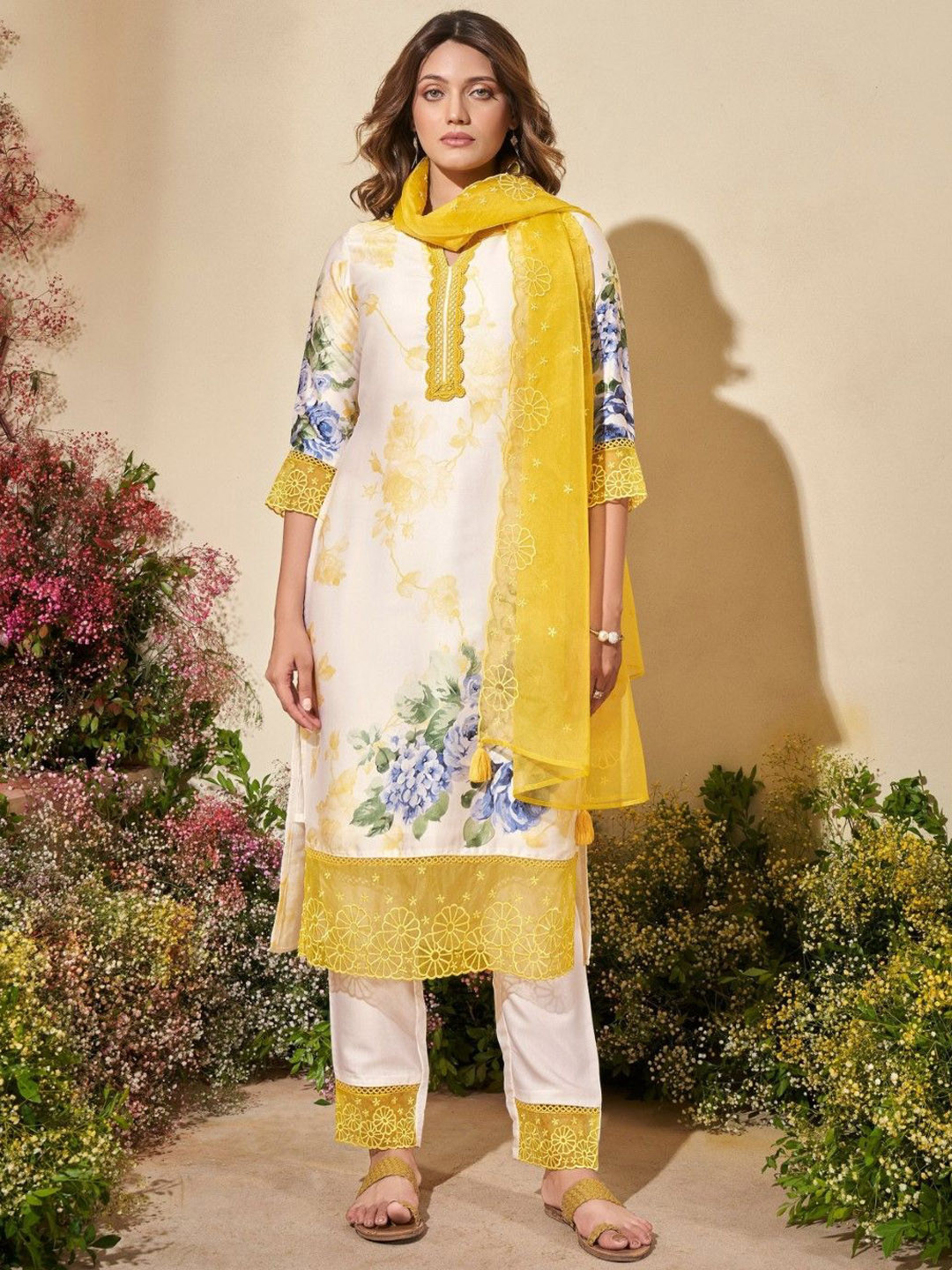 AUTUMN LANE Veda Sunshine Floral Printed Regular Kurta with Trousers & With Dupatta