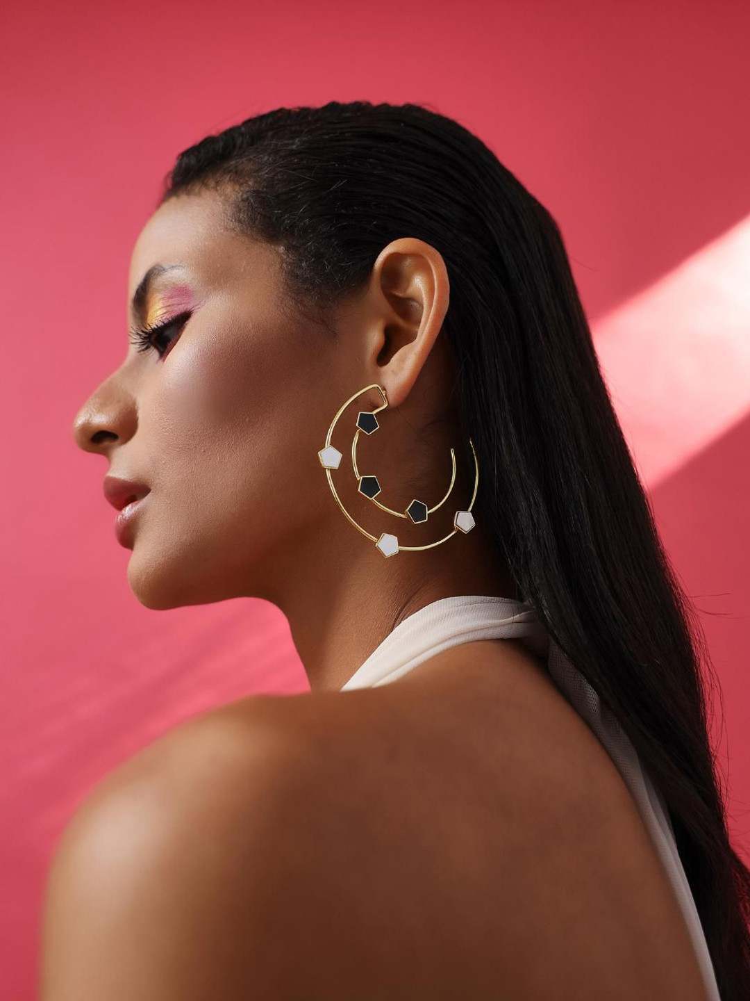 Varnika Arora Gold-Plated Geometric Mother of Pearl Half Hoop Earrings
