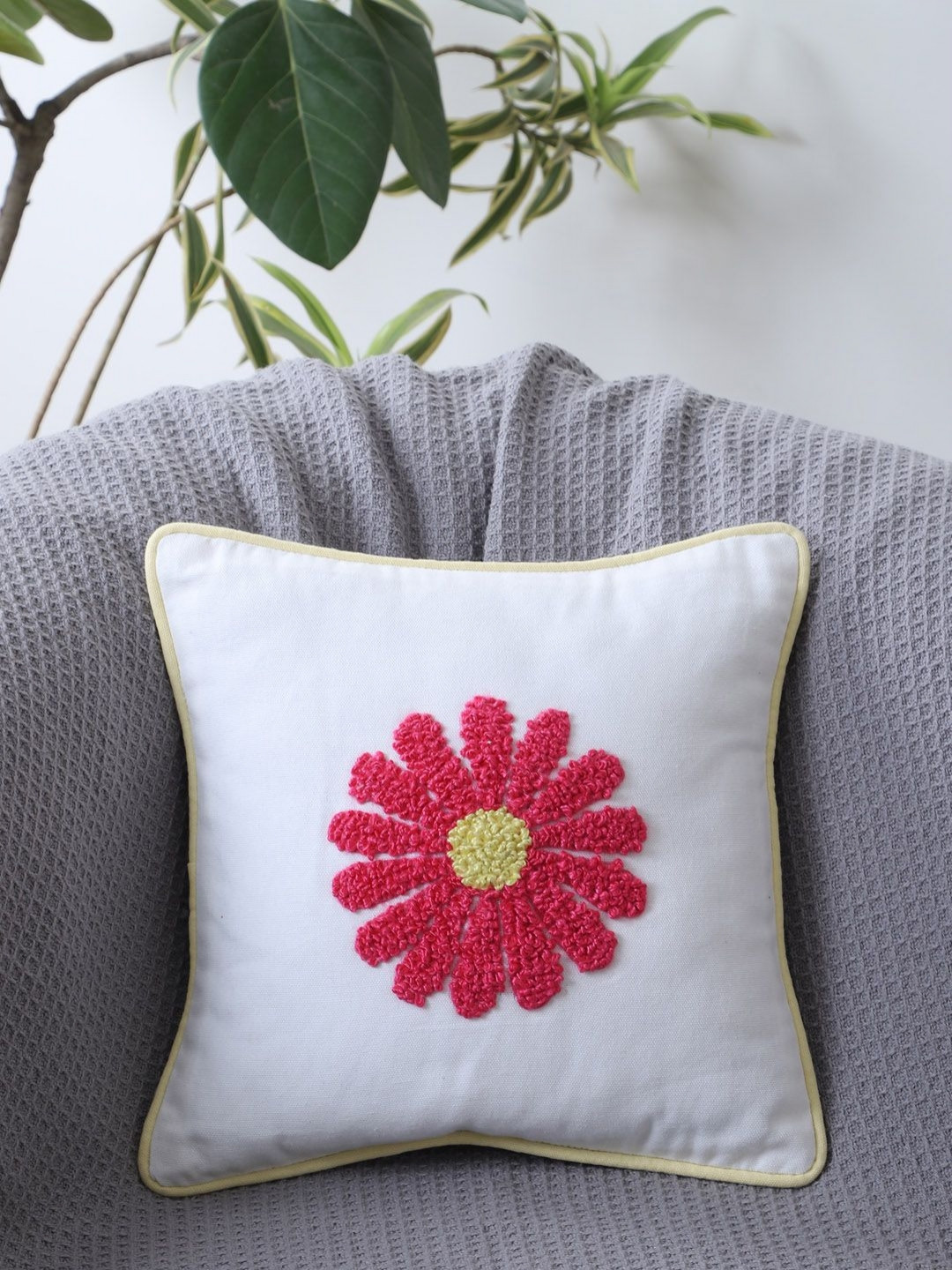 Jamio Firati Tufted Floral Cotton Breathable Embroidered Cushion Cover - 12 x 12 Inches