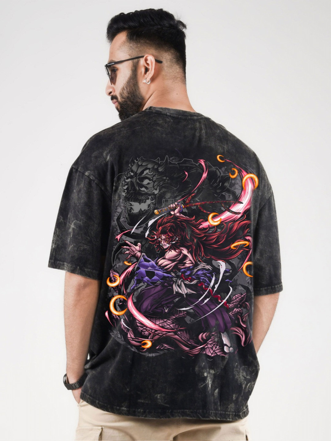 COMICSENSE Demon Slayer Anime Tanjiro Upper Moon Printed Cotton Stone Wash Oversize Tshirt