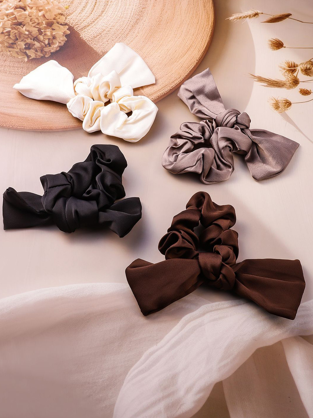 Rubans Set of 4 Cream, Dark Brown, Black & Taupe Scrunchies with Bow Accents