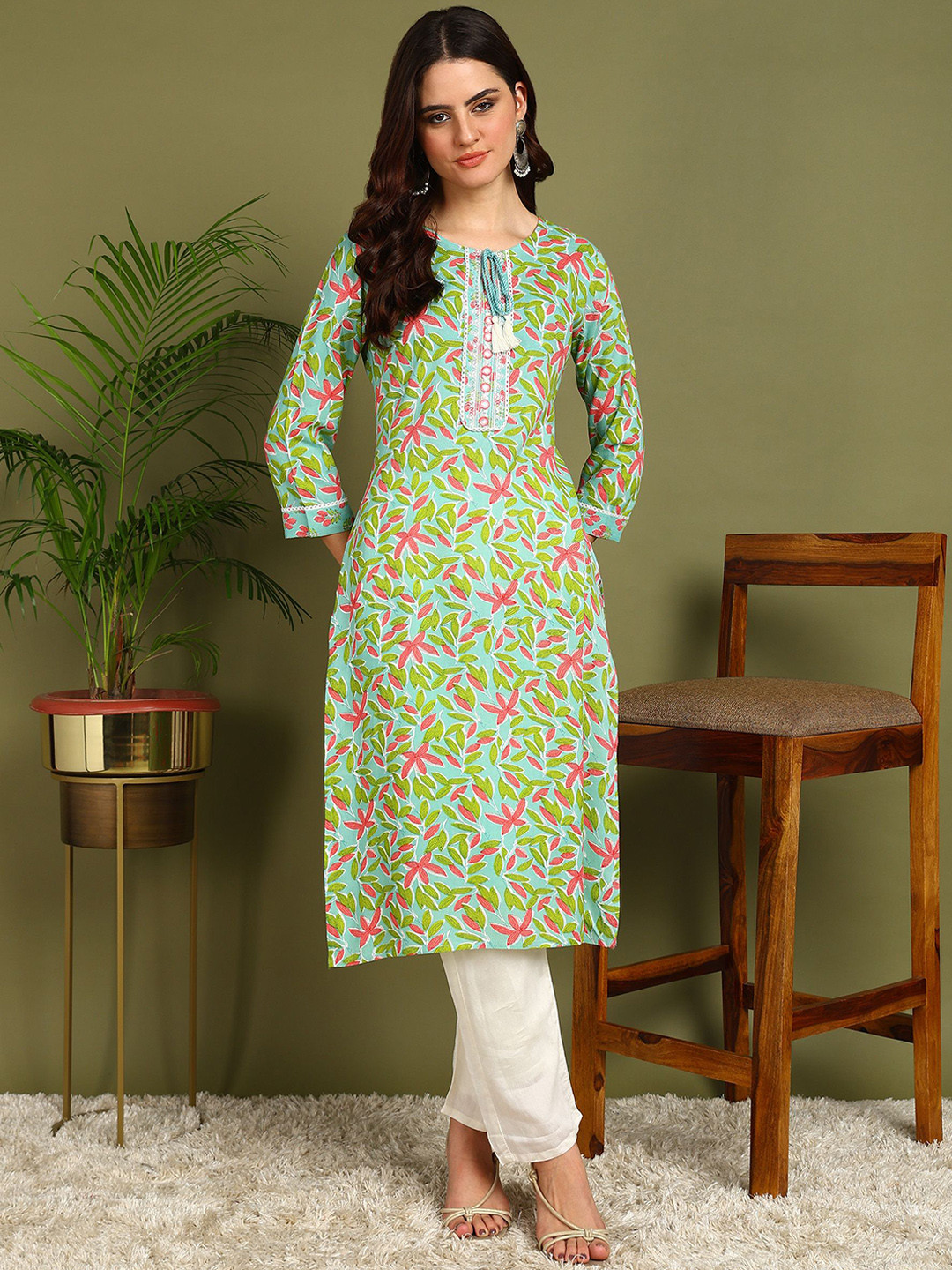 Kapad Dwar Floral Printed Tie-Up Neck Mirror Embroidered Viscose Rayon Kurta