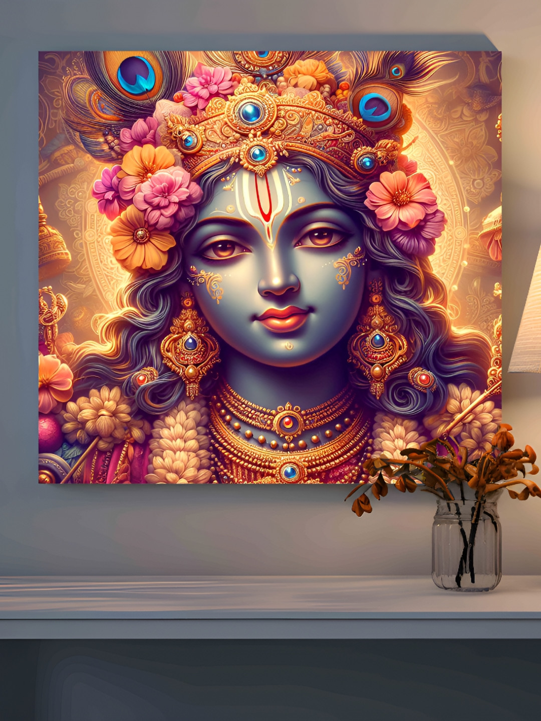 SAF Gold-Toned & Yellow Wooden Canvas God Krishna Religious Wall Art