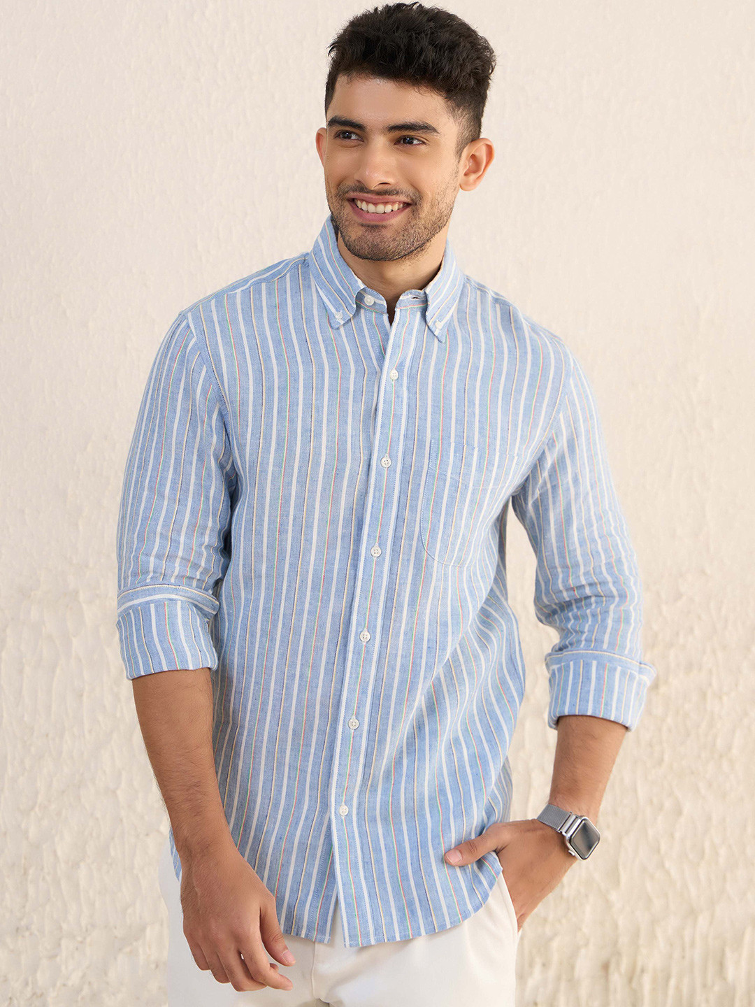 PINK SUPPLY Men Classic Buttondown Collar Striped Linen Relaxed Fit