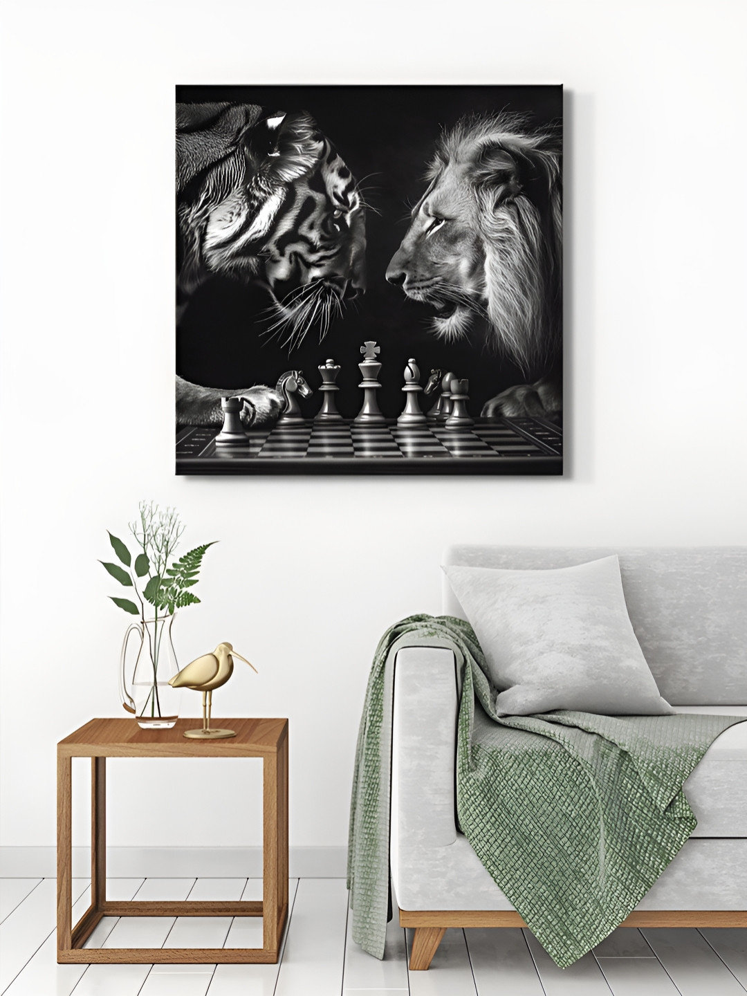 999Store Black & Grey Chess Art, Tiger And Lion Canvas Wall Paintings