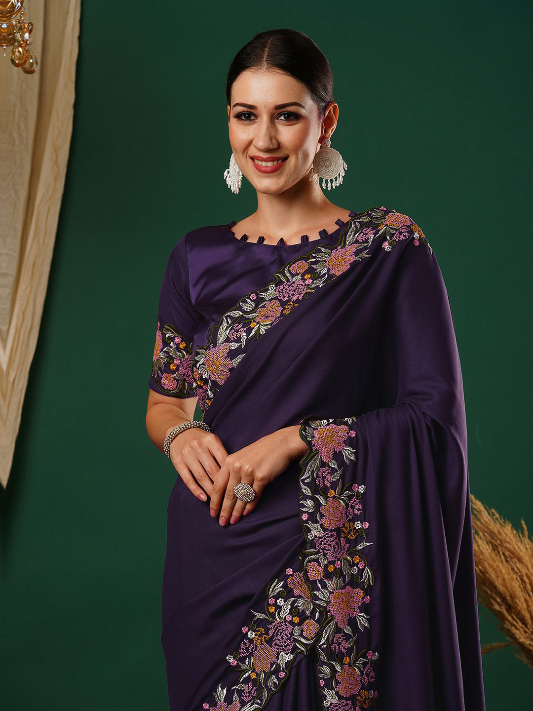 Satrani Floral Embroidered Satin Saree with Blouse piece