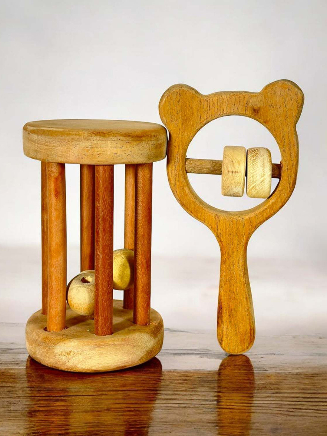 LITTLE GINNIE Kids Set of 2 Mickey Head & Tumbler Neem Wood Rattle Game