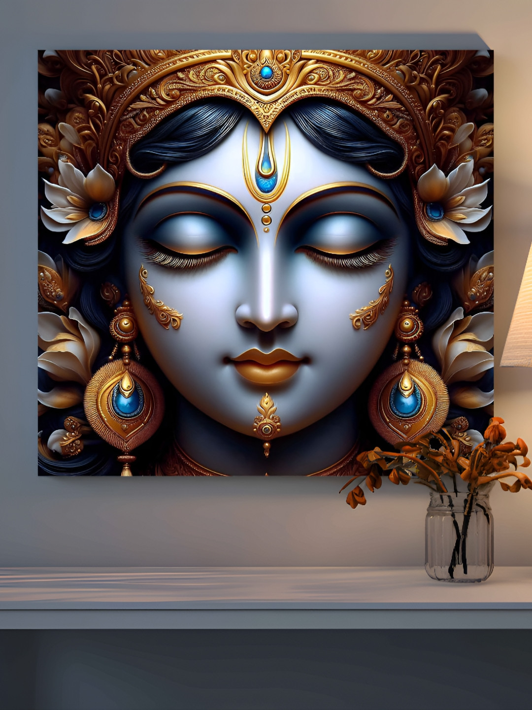 SAF Gold-Toned & Blue Wooden Canvas God Krishna Religious Wall Art