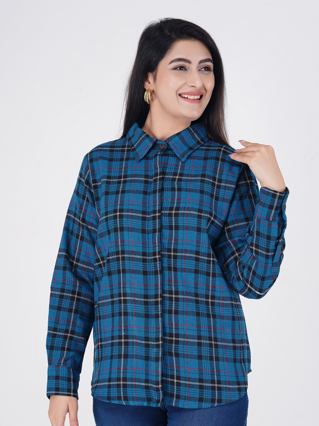 Cloth Bites Women Spread Collar Tartan Checked Cotton Casual Shirt
