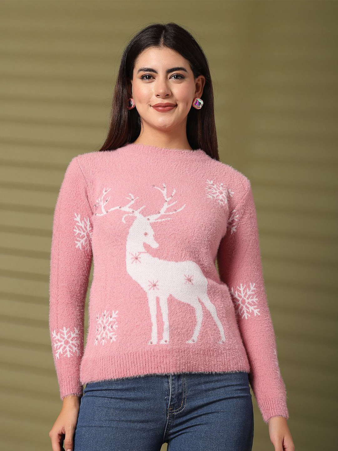 Clora Creation Women Boucle Printed Embellished Woollen Pullover