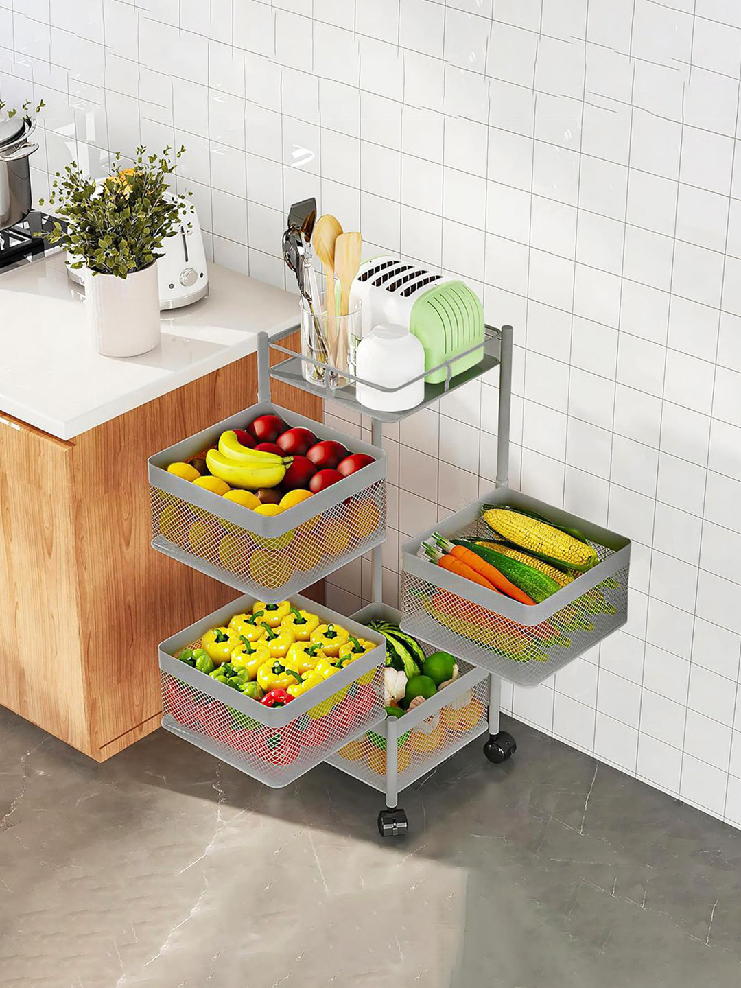 Kuber Industries Silver Toned 4 Tier Revolving Multipurpose Storage Rack with Wheels