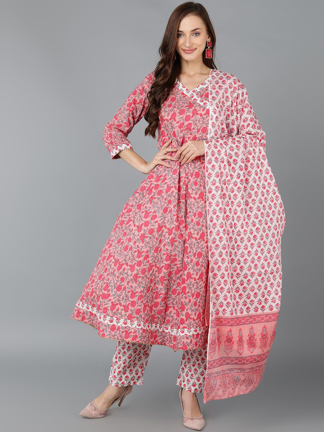 KALINI Plus Size Printed Angrakha Pure Cotton Anarkali Kurta With Trousers & Dupatta